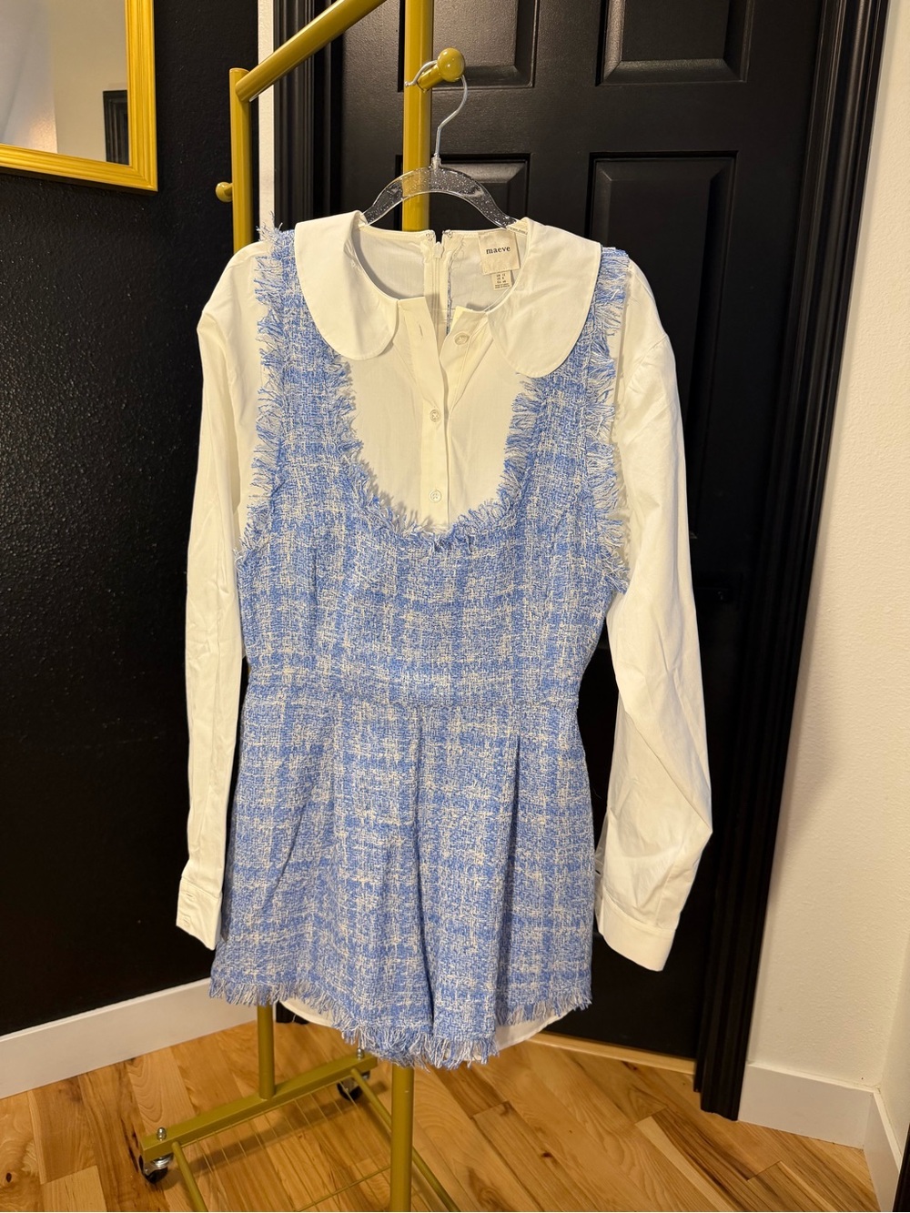 Maeve Blue Tweed Jumper Dress with White Collar